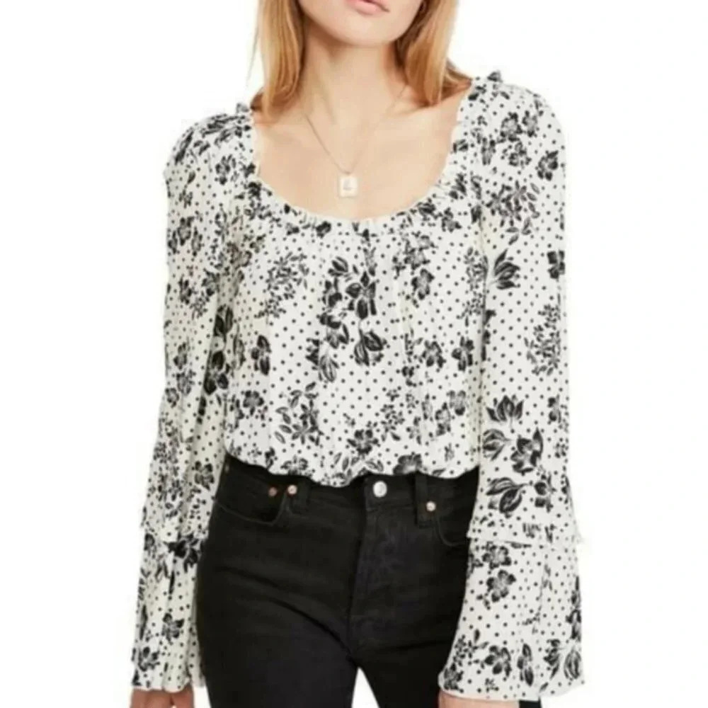 NWT Free People One On One Date Black & White Floral Polka Dot Bodysuit L